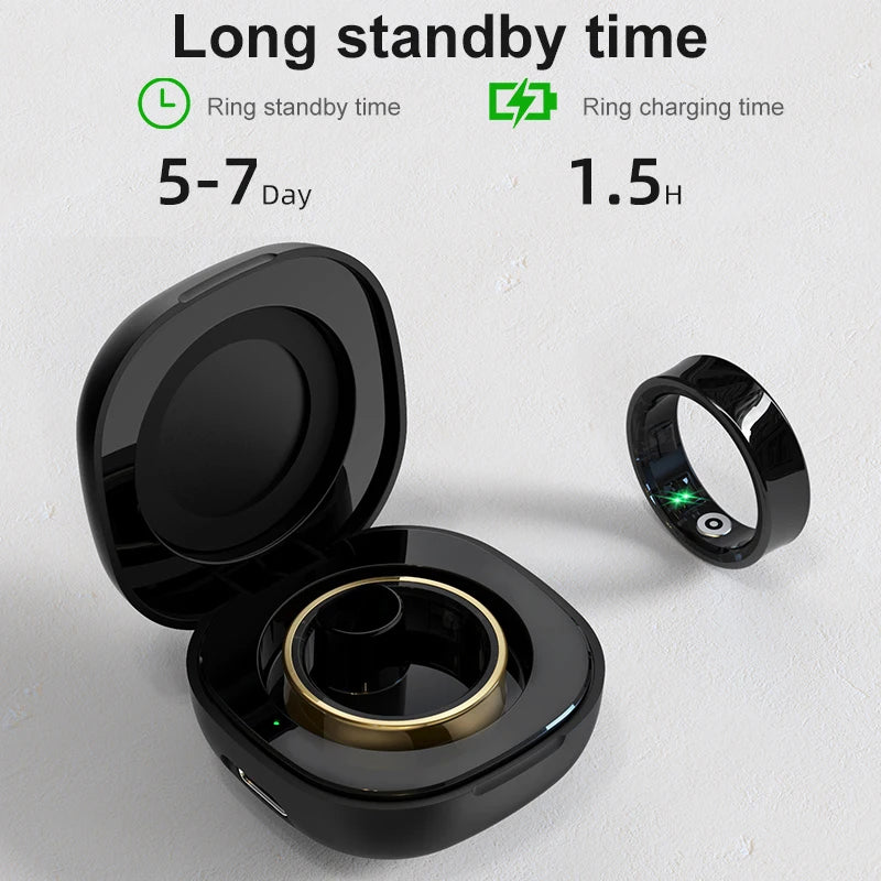 Anel Smart r09 com estojo de carregamento, monitor de saúde e sono com temperatura da pele 5atm à prova d'água para telefone android / ios
