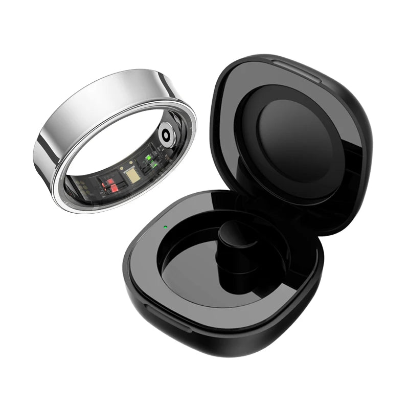 Anel Smart r09 com estojo de carregamento, monitor de saúde e sono com temperatura da pele 5atm à prova d'água para telefone android / ios