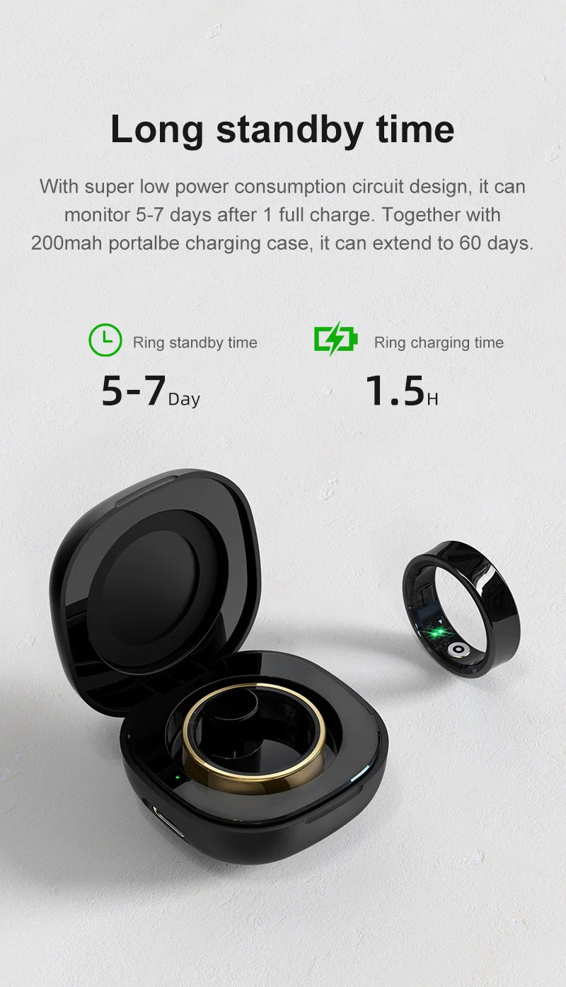 Anel Smart r09 com estojo de carregamento, monitor de saúde e sono com temperatura da pele 5atm à prova d'água para telefone android / ios