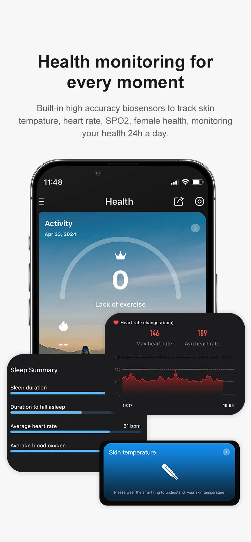 Anel Smart r09 com estojo de carregamento, monitor de saúde e sono com temperatura da pele 5atm à prova d'água para telefone android / ios
