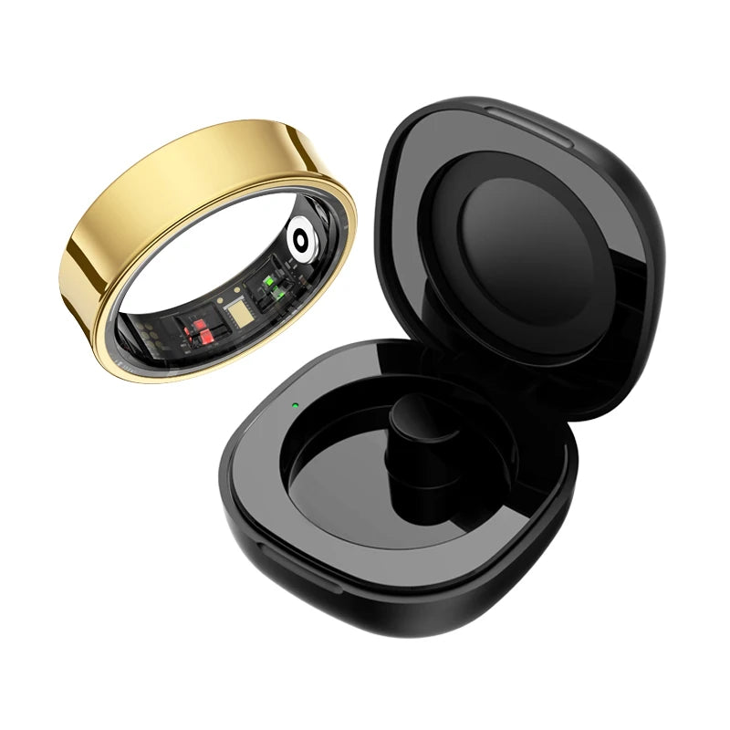 Anel Smart r09 com estojo de carregamento, monitor de saúde e sono com temperatura da pele 5atm à prova d'água para telefone android / ios